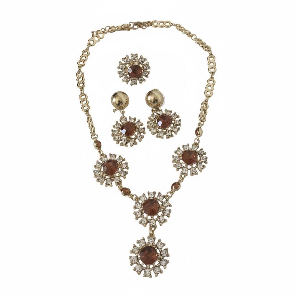 Vintage Gold Tone Rhinestone Jewelry Set Amber Color Necklace, Earrings & Ring
